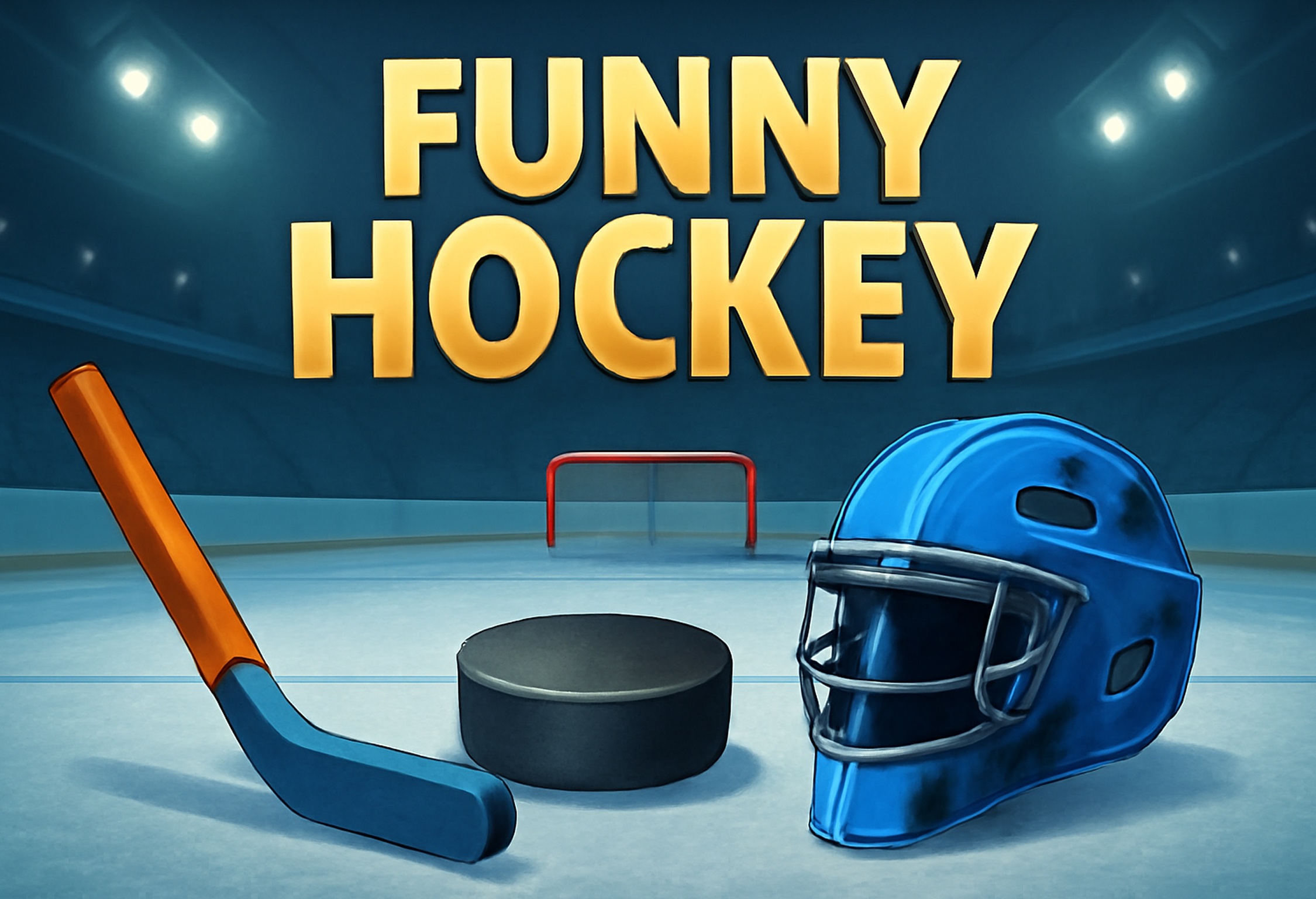 Funny Hockey: attrezzatura da hockey su ghiaccio con casco e puck — tema sportivo comico